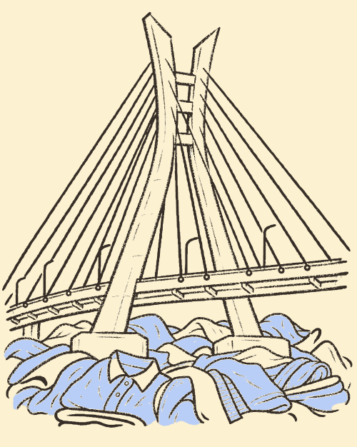 An illustration of the Lekki-Ikoyi Link Bridge spanning a heap of laundry